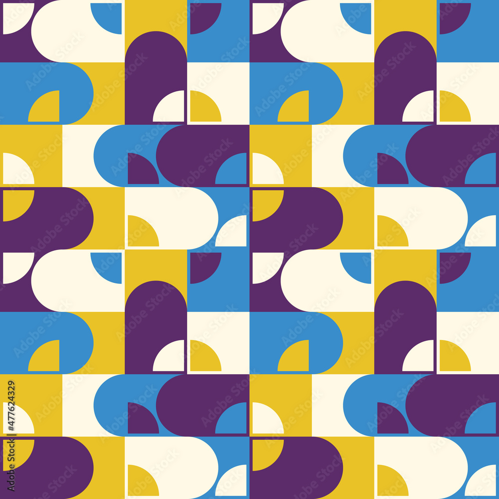 Poster Rounded shapes and strict lines of a colored yellow-blue pattern. Simple and abstract avant-garde art nouveau style. Painting a canvas or an applique from the shapes of geometry.