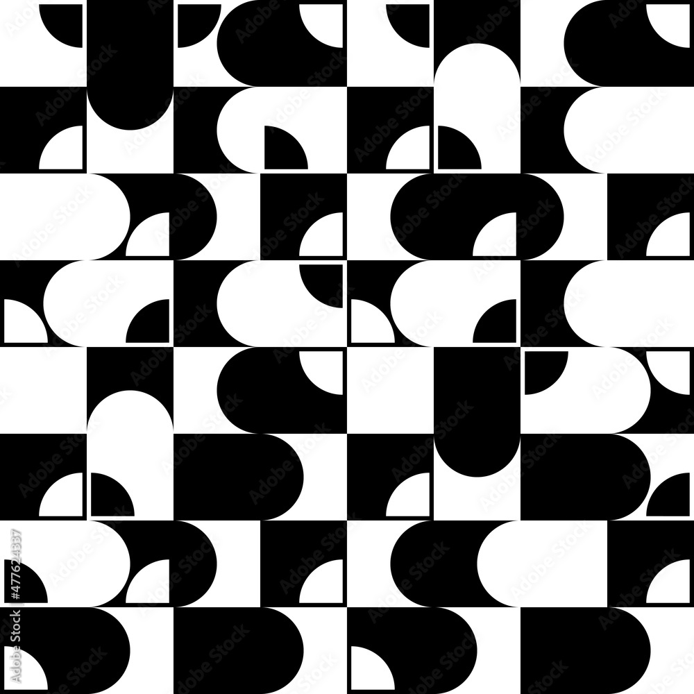 Aufkleber Black and white checkerboard mosaic with rounds and quarters of a circle. Seamless vector pattern.