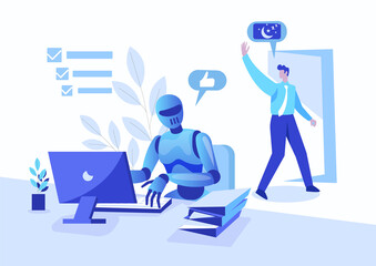 Robot doing office work illustration vector, Robot working in office, robot sitting office with laptop, Robot chase away office worker concept