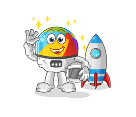 Naklejka premium beach ball astronaut waving character. cartoon mascot vector