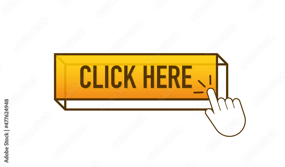 Poster yellow click here on white background. digital download. click here vector web button.