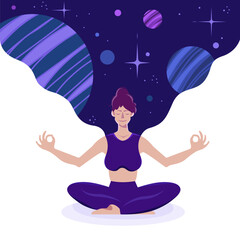 Space meditation. Yogi meditates. Woman does yoga. Girl imagining getting energy from space. Meditation practice.