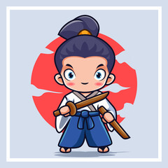 Cartoon cute little samurai holding a wooden sword
