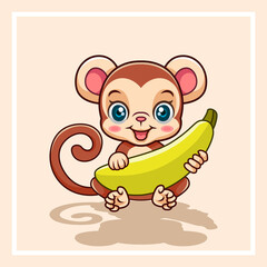 Cartoon cute little monkey holding a banana