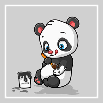 Cartoon cute little panda is painting his body black