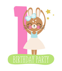 Birthday Party, Greeting Card, Party Invitation. Kids illustration with Cute Rabbit Ballerina and with the inscription one. Vector illustration in cartoon style.