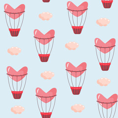 Seamless pattern with hot air balloon in the shape of heart and pink clouds. Valentine's day and love concept.