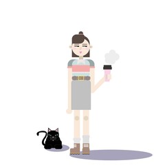 Teenage girl with coffee and black cat. Vector illustration