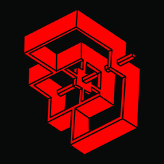 Impossible shapes. Logo. Sacred geometry figure. Optical illusion. Abstract eternal geometric objects. Impossible endless outline. Optical art. Impossible geometry shape on a black background.