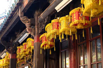 Chinese lanterns hanging on the gallery of Chinese temple.
