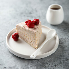 Homemade crepes cake with raspberry cream