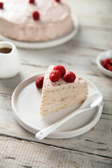 Homemade crepes cake with raspberry cream