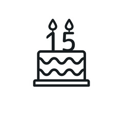 Birthday cake lined icon with candle number 15. Vector.