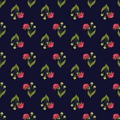 Fototapeta premium Pink and Green Floral Motifs Arranged on Dark Blue Background for Textile, Wallpaper, Upholstery, Home Decor products
