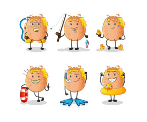 broken egg water activity group. cartoon mascot vector