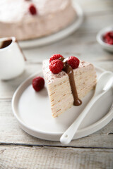 Homemade crepes cake with raspberry cream