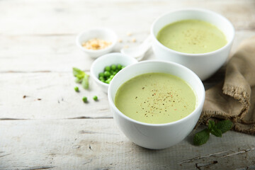 Healthy homemade green pea soup