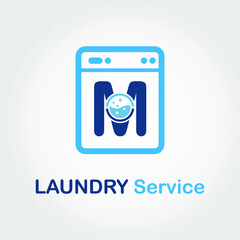 Initial M Letter with Bubble and shiny icon on the Laundry Machine for Laundry, Cloth Cleaning Washing Service Simple Minimalist Logo Template Idea - obrazy, fototapety, plakaty