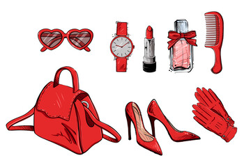 Set of woman accessories, color vector illustration