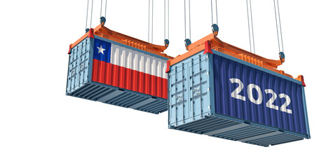 Trading 2022. Freight container with Chile national flag. 3D Rendering 
