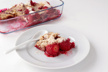 Crumble with strawberries, cherries and raspberries. Berry pie. Summer dessert.