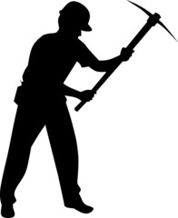Black Silhouette of a construction man with pickaxe, coal, or gold miner working in underground