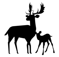 Deer family vector isolated illustration on white background. Deer mama and fawn isolated silhouettes.