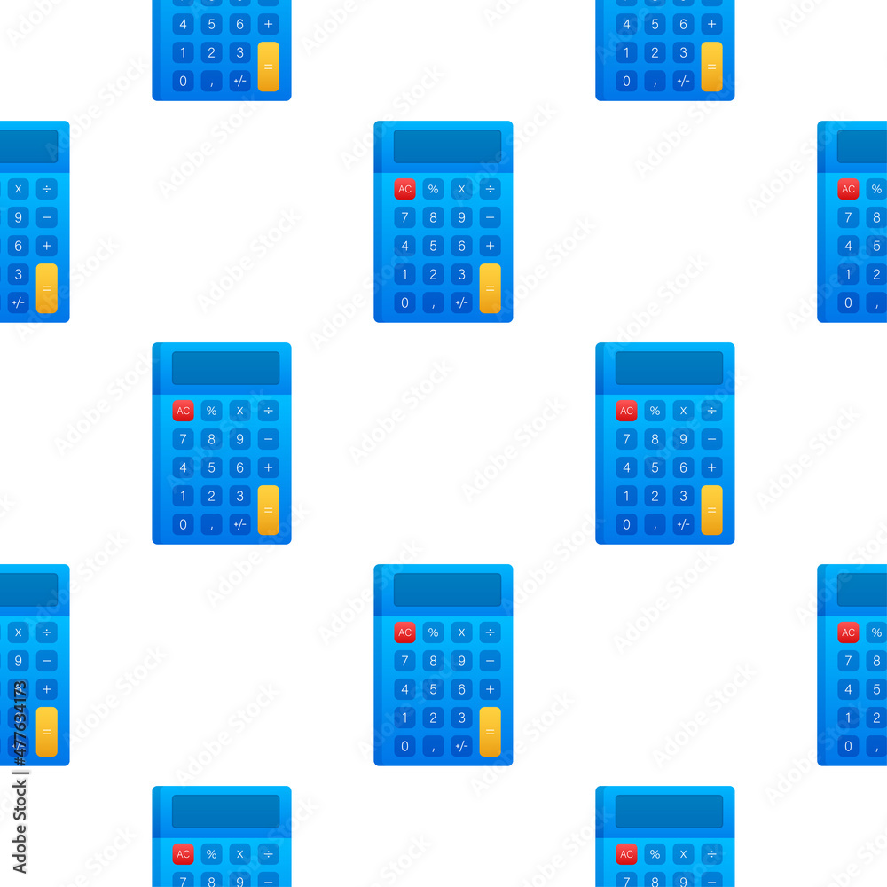 Poster Blue calculator pattern on white background. Modern design. Electronic portable calculator. Vector stock illustration.