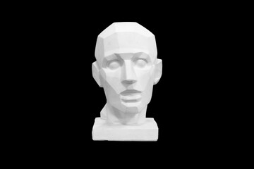 angular plaster man head isolated on black background