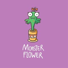 Card with cute plant monster. Comic drawing of  predatory flower. Vector doodle image.