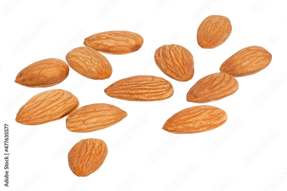 Poster a large pile of almonds isolated on a white background