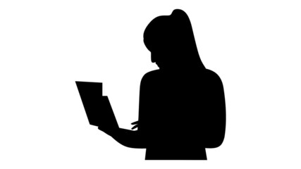 Black silhouette of a businesswoman doing office work, female student doing study
