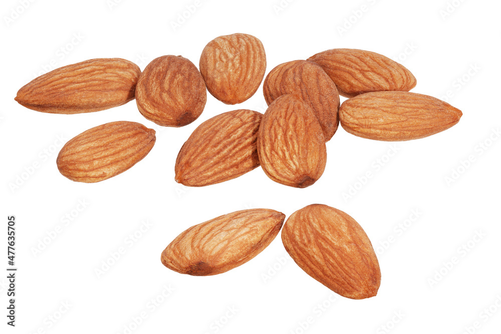 Poster a large pile of almonds isolated on a white background