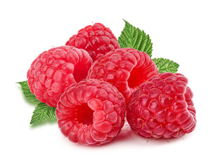 Raspberry with leaves isolated on white background