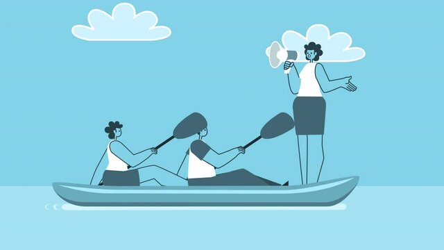 Cartoon woman with loudspeaker leads the rowing team on paper ship. Teamwork business concept. Flat Design 2d Characters Isolated Loop Animation with Alpha Channel
