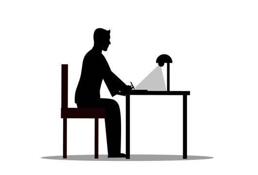 recommend clip art: Silhouette of a Man Sitting on An Office Chair and working on a computer with office table desk, office work, Work from home