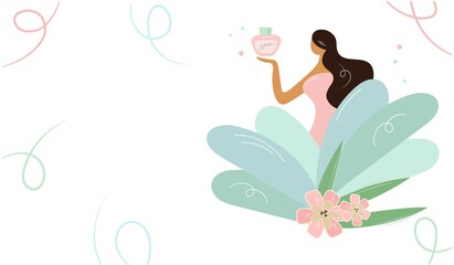 Minimalistic vector template of cute girl holding spa cream. Brunette woman and natural skin and hair care products. There are large leaves and flowers around. Flat style cosmetics design concept.