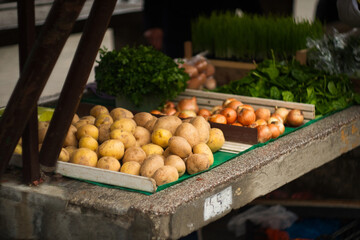 Fresh farm potatoes, onions and cabbage on the city market - Zelena pijaca - in Novi Sad, Serbia