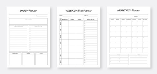 Daily planner pages design collection set. Minimalist planner pages templates. 3 Set of minimalist daily planners. Daily planner bundle set. Daily, Weekly, Monthly Planner Template Set.