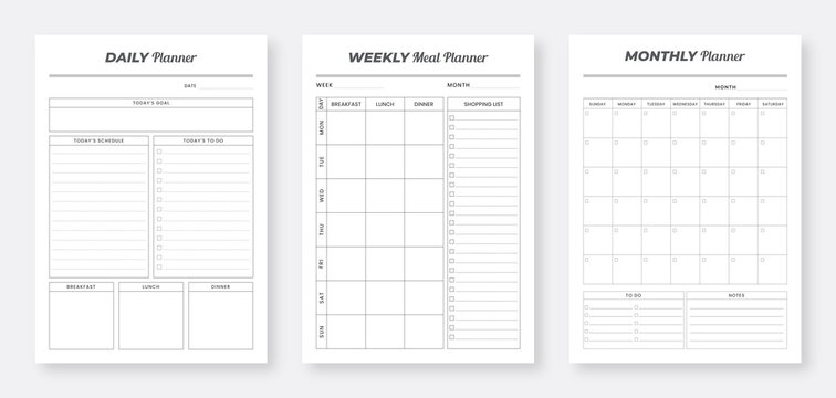 Daily planner pages design collection set. Minimalist planner pages templates. 3 Set of minimalist daily planners. Daily planner bundle set. Daily, Weekly, Monthly Planner Template Set.