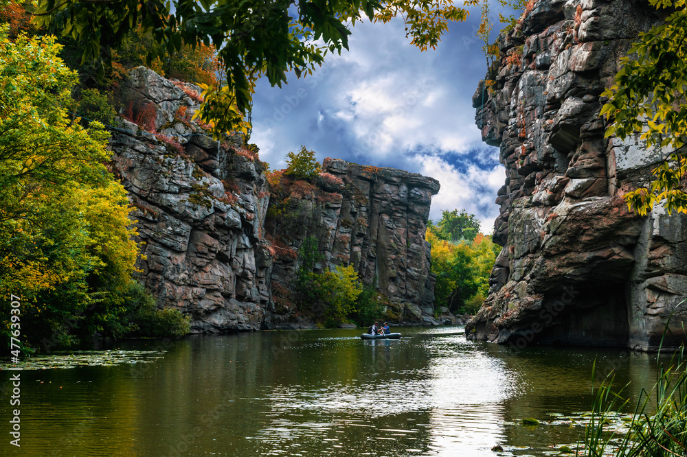 Poster River canyon and colorful autumn forest	