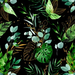 Wall murals Tropical Leaves watercolor seamless pattern with tropical leaves on a dark background. green and gold leaves on a black background. rainforest