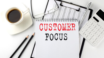 CUSTOMER FOCUS text on the paper with calculator, notepad, coffee ,pen with graph