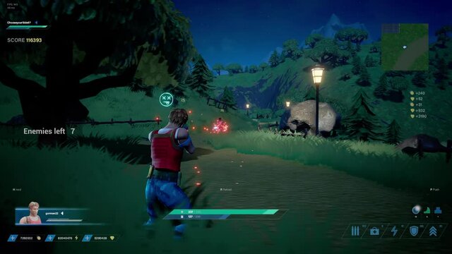 Night Video Game Mock-up: Gameplay of 3D FPS Shooter Online Multiplayer Battle Royale. Fun Action, Colorful Hero Characters Running, Fighting, Shooting Guns, Blowing up Things, Killing Enemies