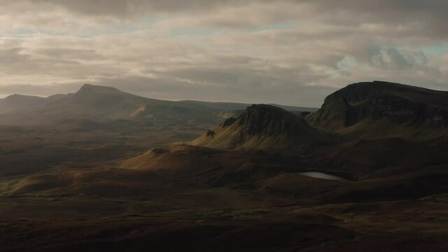 Aerial view of the Quiraing and surrounding areas in Isle of Skye, Autumn 2021