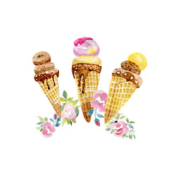 Chocolate Strawberry Berry Ice Cream Cone Rose Flowers Watercolor Square Composition