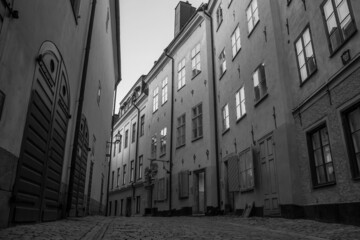 Stockholm, Sweden. Scenic Old Streets of Gamla Stan in black and white. Coronavirus period with nobody in the streets.
