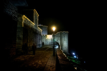 Christmas lights in the medieval old town of Puebla de Sanabria. Zamora. Spain. Puebla de Sanabria is one of the Most Beautiful Towns in Spain that each year prepares a spectacular Christmas lighting