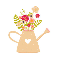 Flower bouquet in the yellow watering can. Cute flat hand drawn cartoon style vector illustration isolated on white background. Valentine's day vector illustration for design. © Yuliia