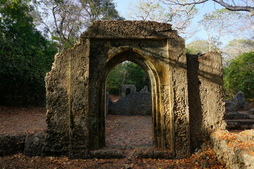 Fototapeta na wymiar Beautiful archway in the Gedi ruins complex in Watamu